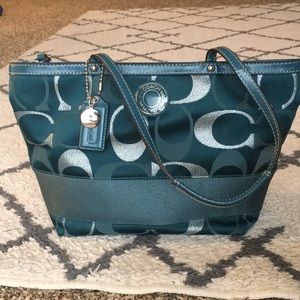 COACH signature stripe metallic tote shoulder bag
